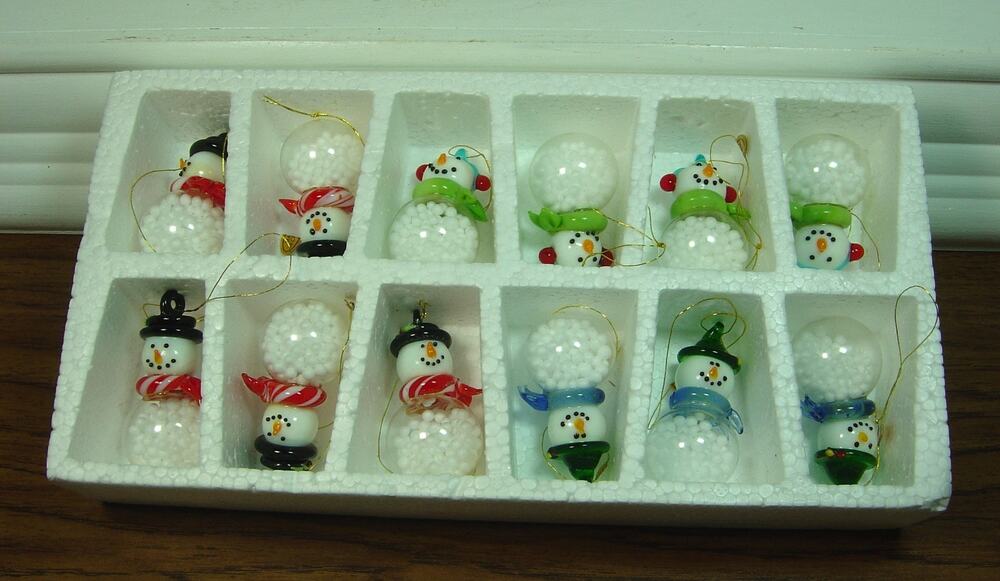 ART GLASS SNOWMAN ORNAMENTS-SET OF 12--2" TALL-3 STYLES